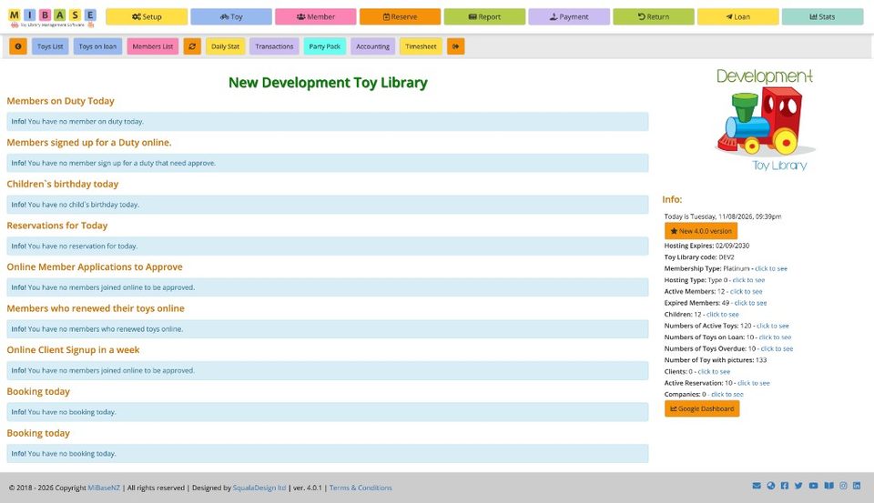 MiBaseNZ application dashboard, toy library management software