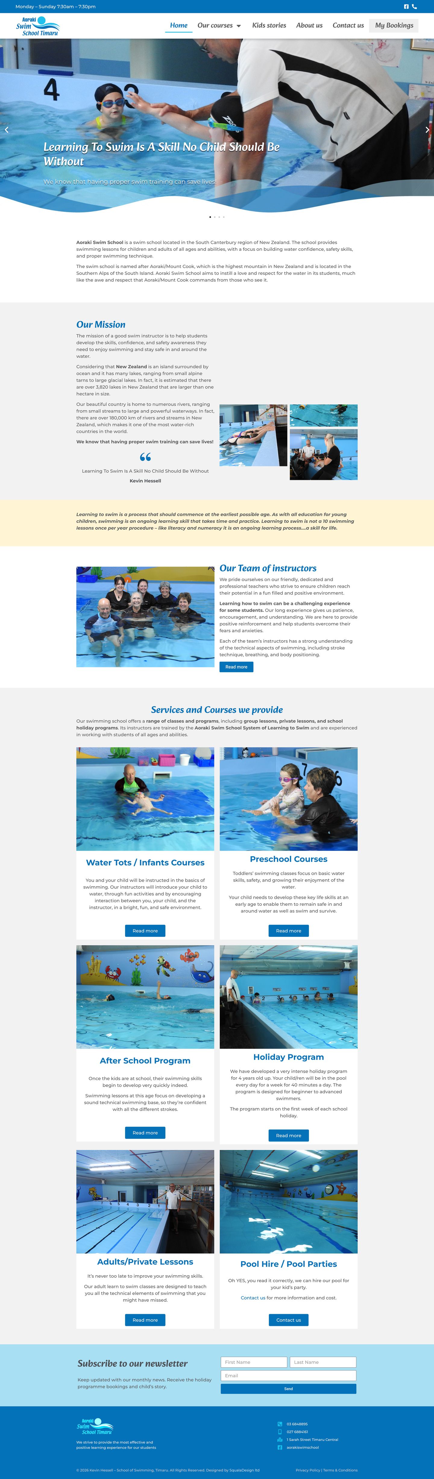 Aoraki Swimming School full website scroll preview