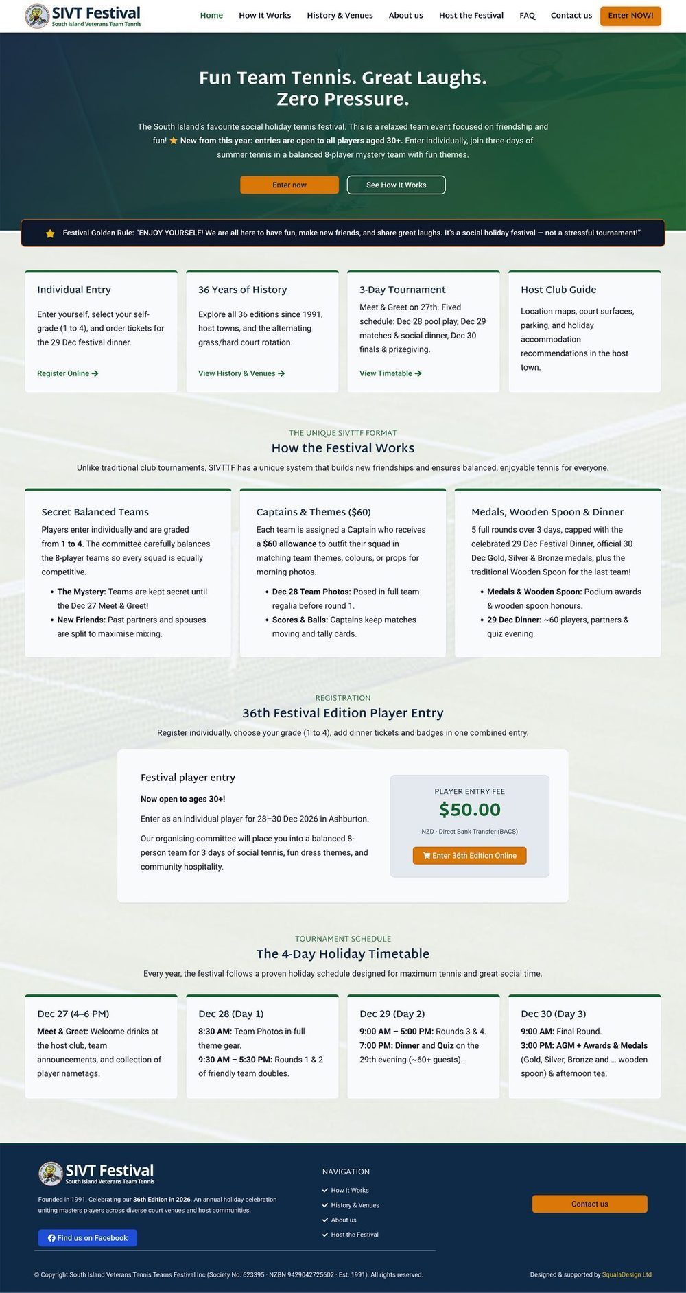 South Island Veterans Tennis Teams Festival full website scroll preview
