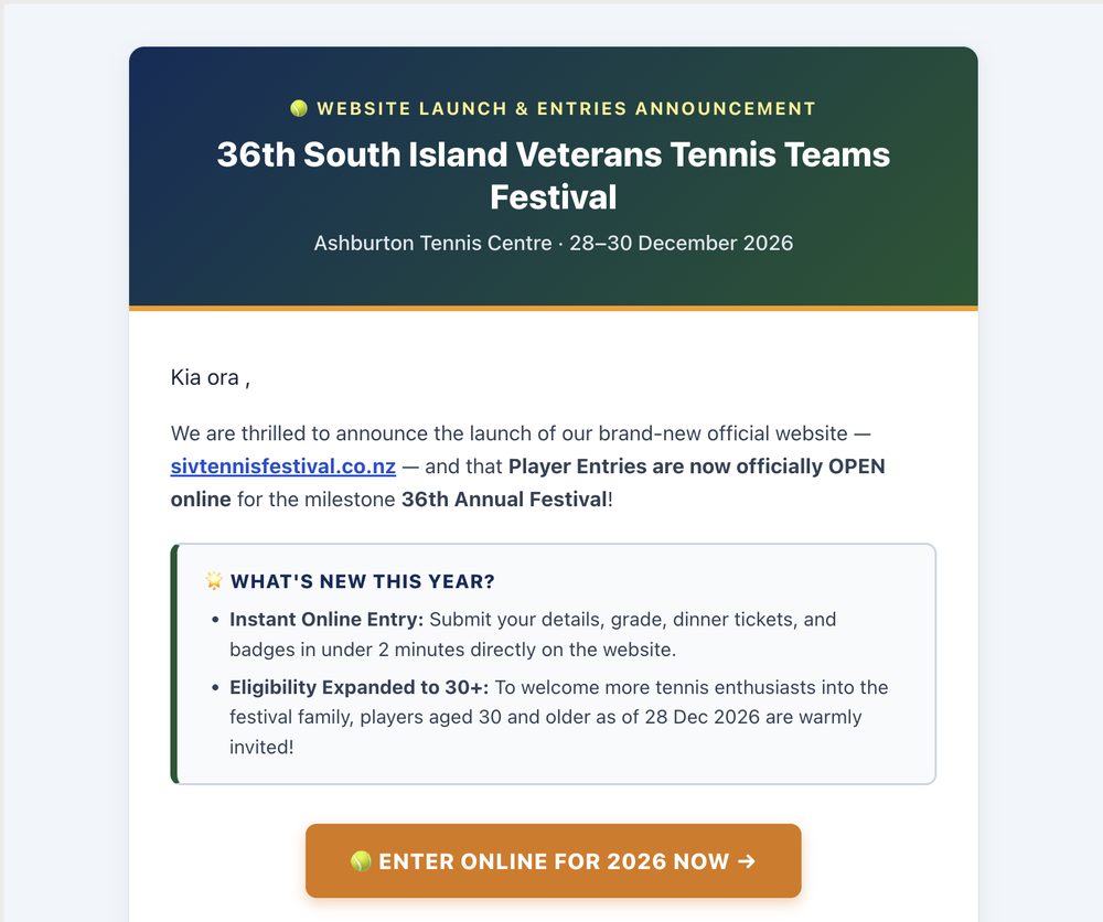 South Island Veterans Tennis Teams Festival participant email campaign for the 36th edition launch