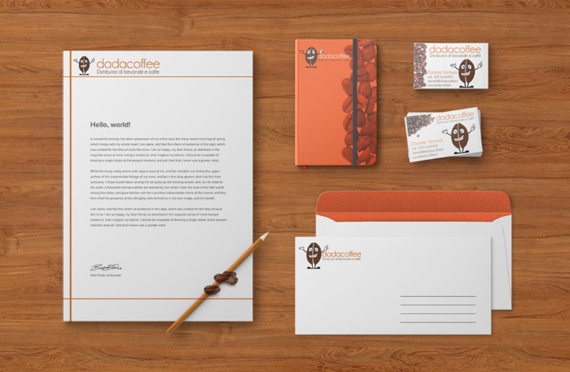 Dadacoffee brand identity, logo, letterhead, cards and envelopes
