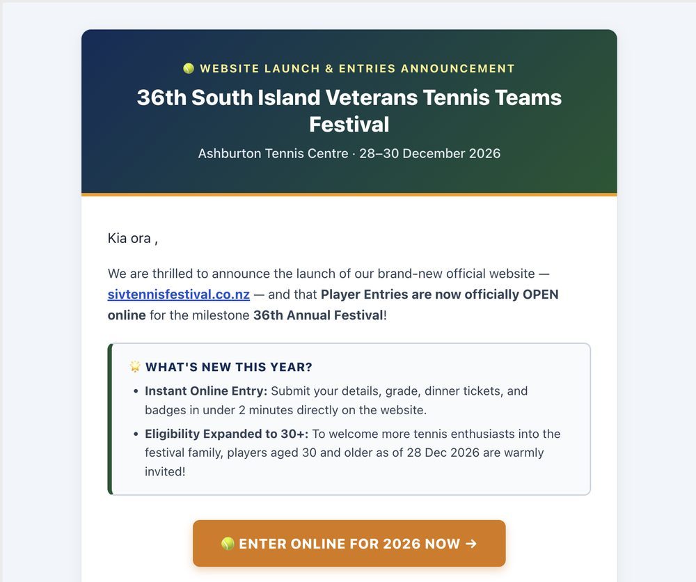 South Island Veterans Tennis Teams Festival participant email campaign