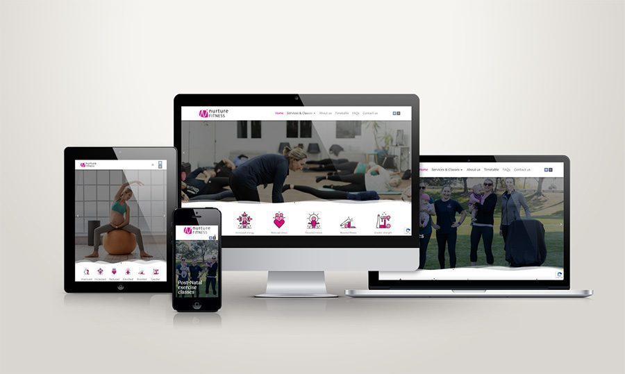 Nurture Fitness website UI shown on desktop, laptop, tablet and phone