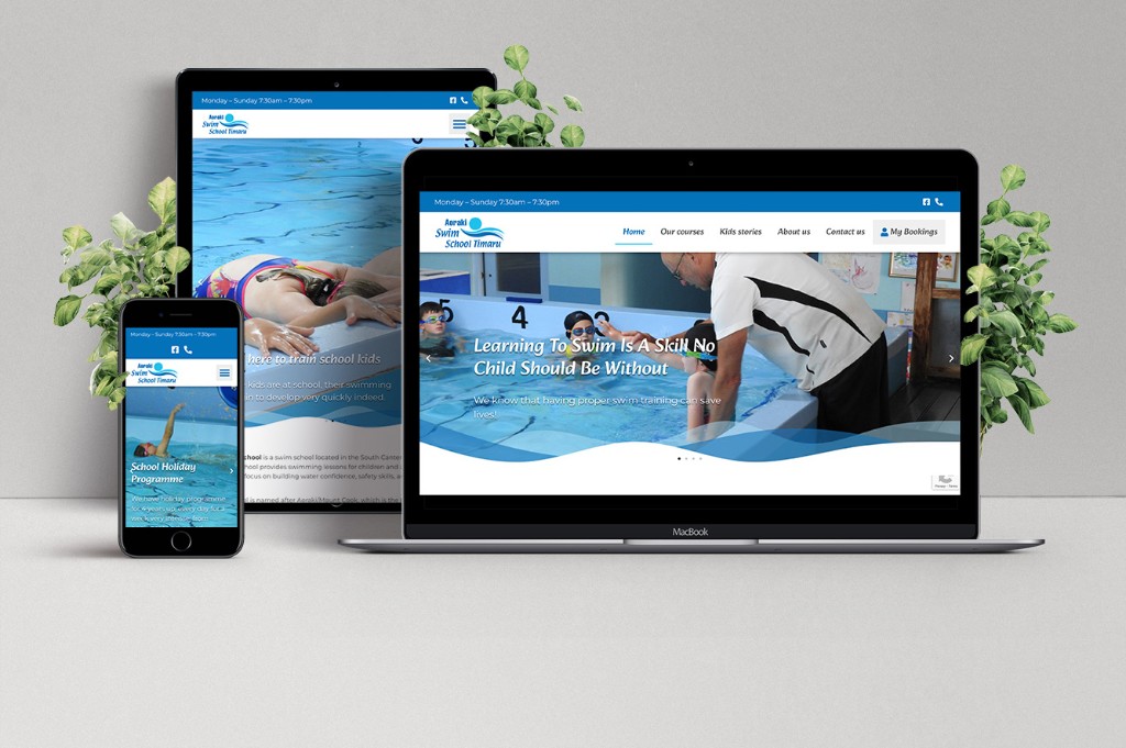 Aoraki Swim School Timaru website shown on laptop, tablet and phone